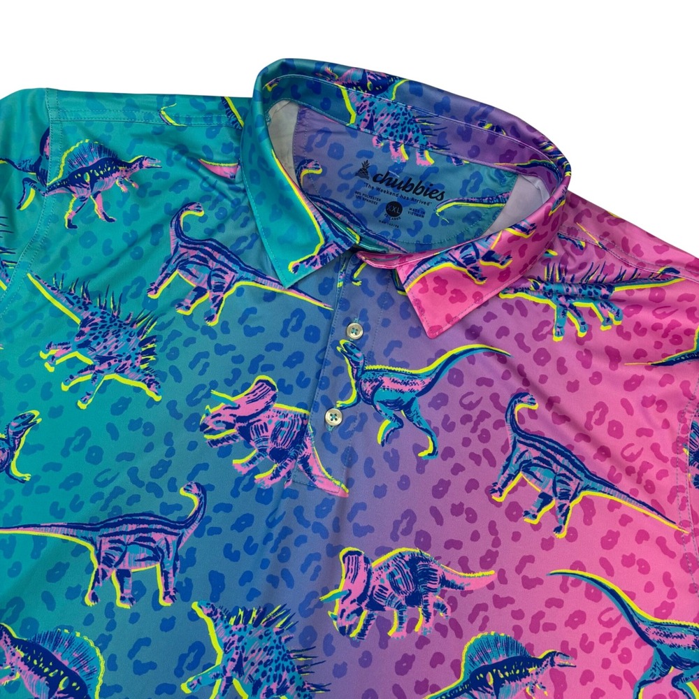 Chubbies Polo Shirt Men XXL Pink Teal Dinosaur Leopard Print Stretch Performance